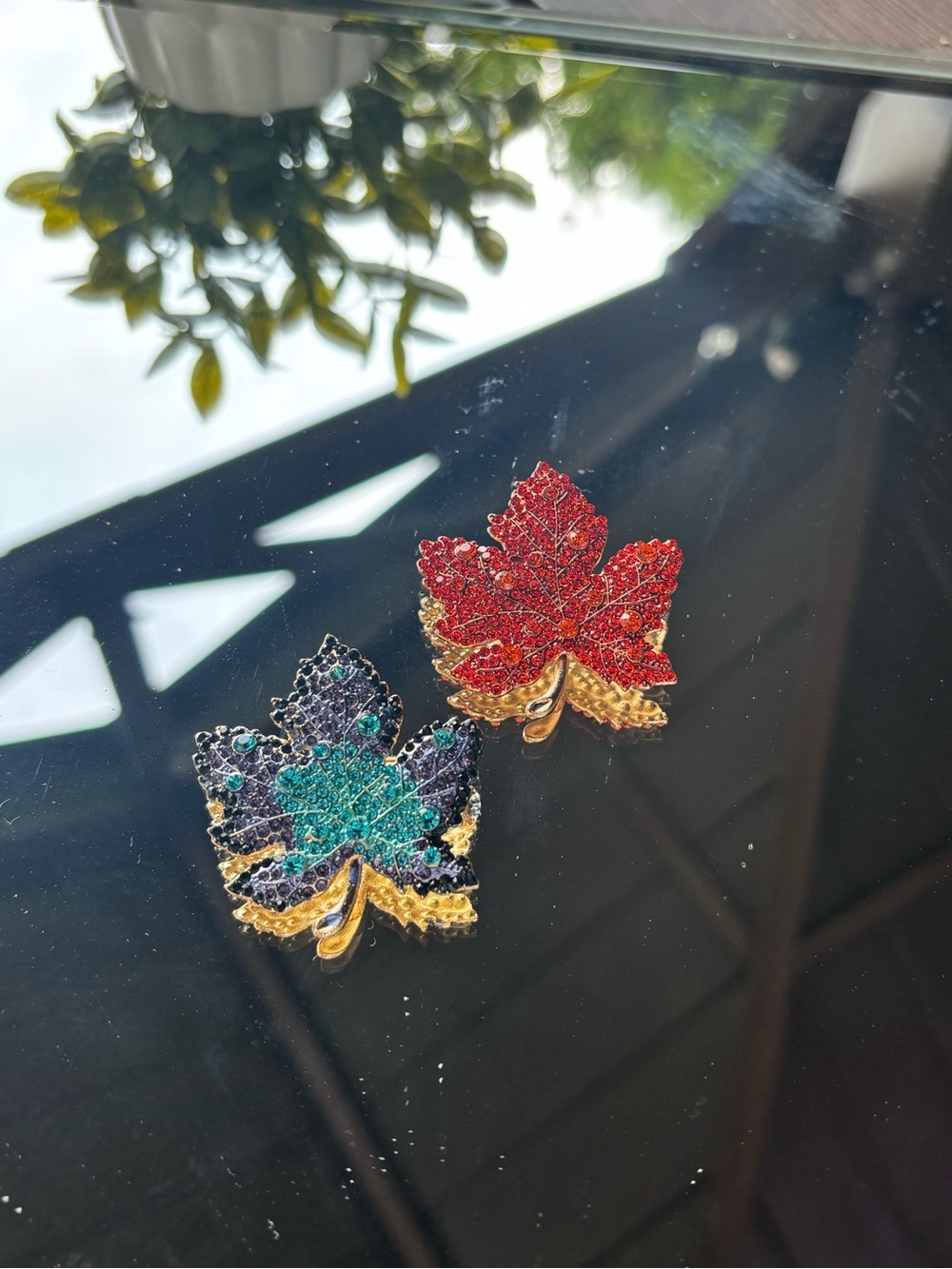 Crystal Maple Leaf Pin Set - Red & Teal Rhinestone Brooches